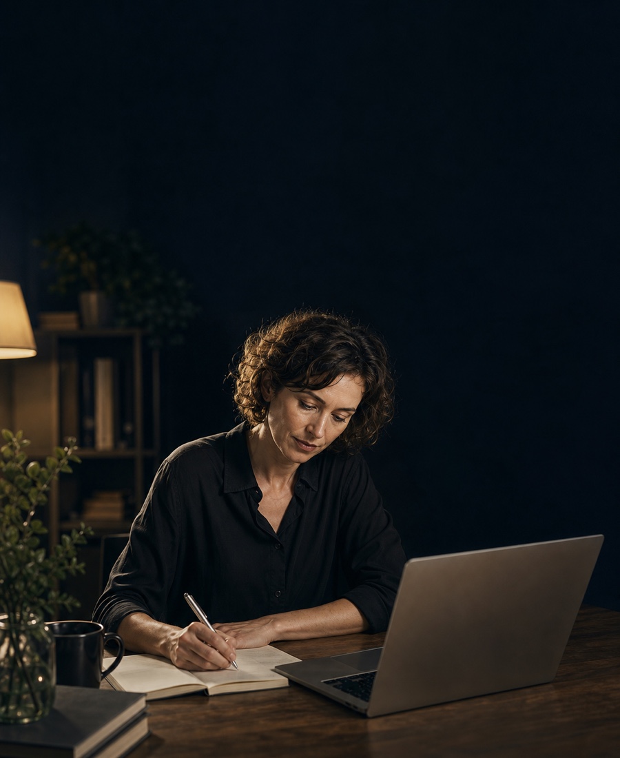 Selbstständige arbeitet mit Notizbuch und Laptop